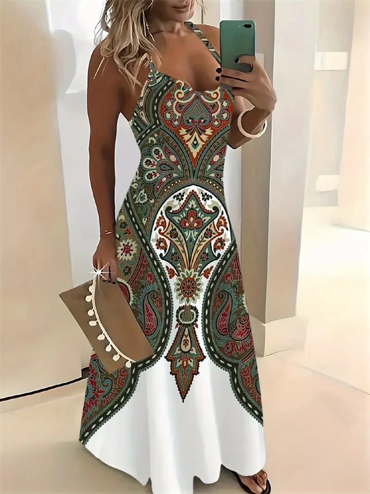 Women's New Fashion Summer Sleeveless Dress Casual Long Retro Strap Dress Street 3D Texture Print Comfortable Breathable Dress