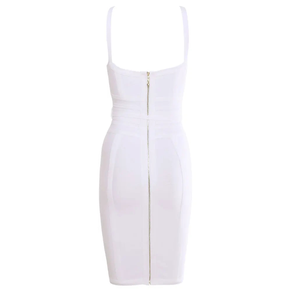 2024 women white summer mid-length dress Sexy Lady Belt Spaghetti Strap Bandage Dress Party Club V Neck  Bodycon