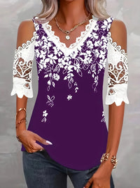 Large size women's fashionable temperament lace patchwork V-neck print off shoulder sleeves lace patchwork top