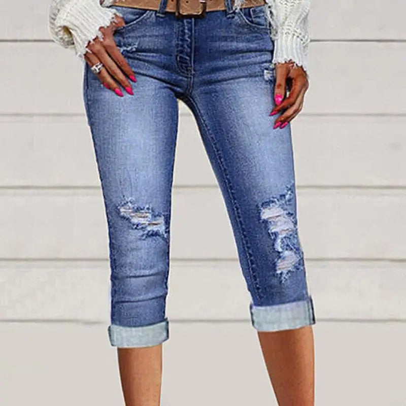 Ripped Pocket Design Capris Denim Pants Women High Waist Slim Skinny Mid Calf Length Pants Leggings Jeans Summer Sexy