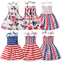 Charm Dress Girls Summer Dress American   Independence Day Print Tie-up Smocked Dress American Flag  For Girls Children Costumes