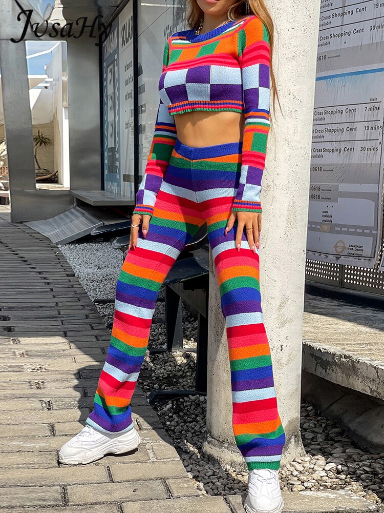 JusaHy Women Autumn New Strip Colorful Printed Wool Knitting Two Pieces Sets Crew Neck Long Sleeve Short Sweater&Straight Pants