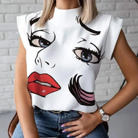 Women's Abstract Face Print Sleeveless Stand Collar Blouse with Button Front for Summer Fashion