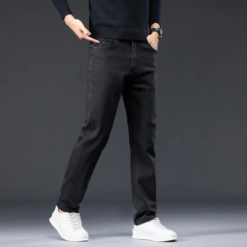 Male Brand Jeans Clothing Light Luxury Stretch Looes Fit Pants Comfortable Soft Business Fashion Straight Casual Denim Trousers
