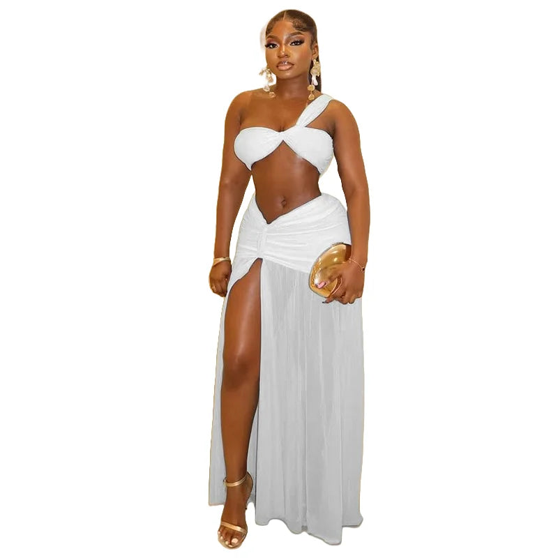 Women's One-Shoulder Strap Crop Bra Tops & Gauze Spliced Draped Split Long Skirt, 2pcs Set