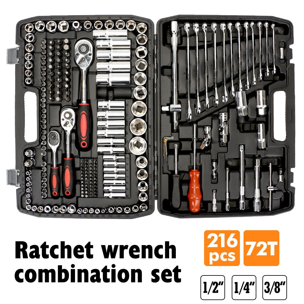 Professional 216PCS Socket Ratchet Spanner Screwdriver Socket Set Car Repair Tool Metalworking Toolbox Tool Kit