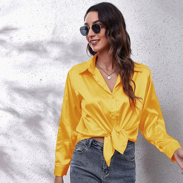 Women Satin Shirt 2023 Summer Silk Office Work Button Lapel Long Sleeve White Shirt Formal Dress Retro Casual Loose Solid Color