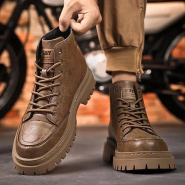 Men Boots Autumn Leather Waterproof Mid-top Sports Shoes New Fashion Ankle Boots Casual Outdoor Hiking Boots Shoes Male Sneakers