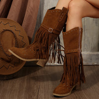 2024 Winter Women Fringes Thick Heel High Boots Suede Pointed Toe Outdoor Fashion Platform Shoes Willow Nails Pumps Women Shoes