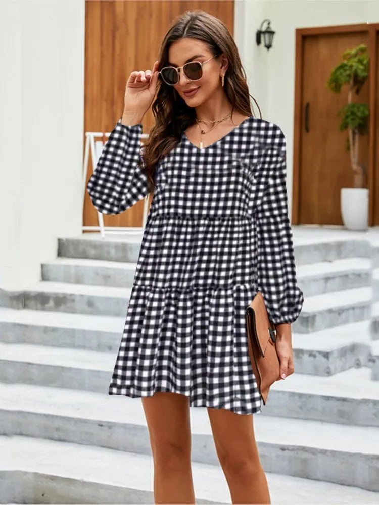 Fashion V Neck Print Dress Women Casual Loose Long Sleeve Beach Party Mini Dresses Elegant Female Holiday Vestidos Autumn Winter