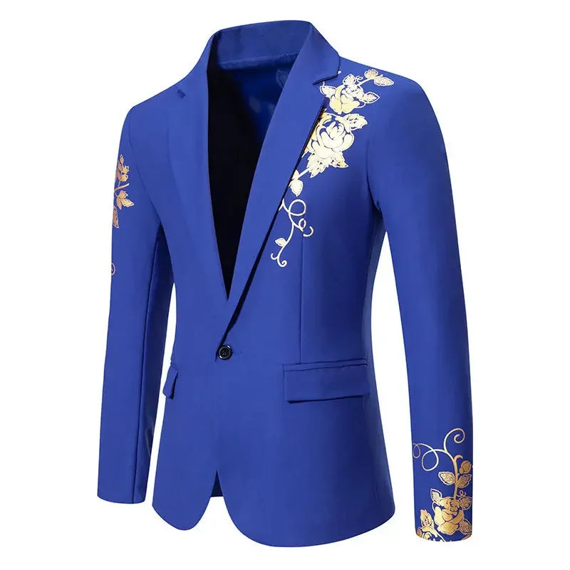Metal-printed Men's Long-sleeved Suit Jacket, White V-neck Blazers, Wine Red Wedding Party Performance Coat.European Sizes M-3XL