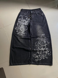 vintage style printing black baggy jeans harajuku trend men women hip hop fashion casual Joker couple Wide-leg pants streetwear