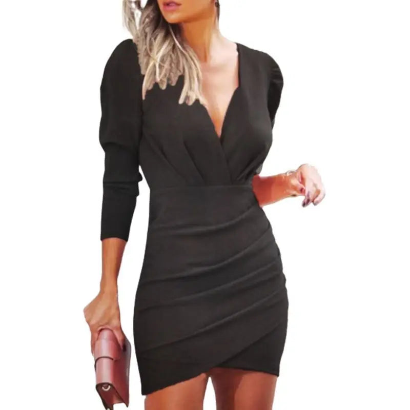 2024 burst waist show thin solid color v-neck long sleeve tight skirt folk wind nightclub dress woman