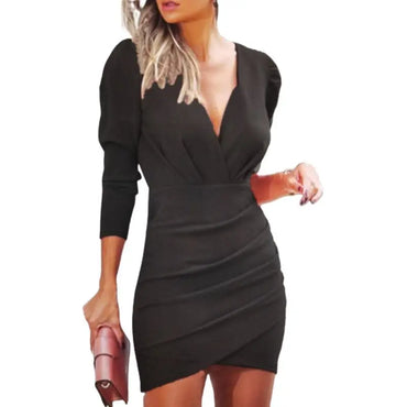 2024 burst waist show thin solid color v-neck long sleeve tight skirt folk wind nightclub dress woman