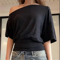 Women's Off Shoulder Short Sleeve Blouse Ruched Waist Fitted Cropped Top Casual Loose Dolman Sleeve Summer Streetwear