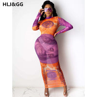 Women Spring Autumn Money Vintage Print Skinny Long sleeve dress sexy party Streetwear new long vestido dresses 2022 New