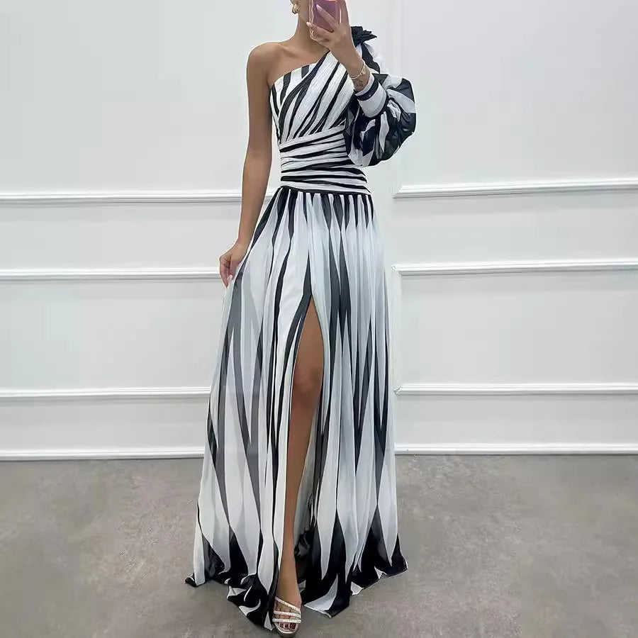 Dress Long Dress 2024 Spring and Autumn New Temperament Fashion Printed Slant Shoulder Split Dress Ins Casual Loose Party Dress Dress Long Dress 2024 Spring and Autumn New Temperament Fashion Printed Slant Shoulder Split Dress Ins Casual Loose Party Dress