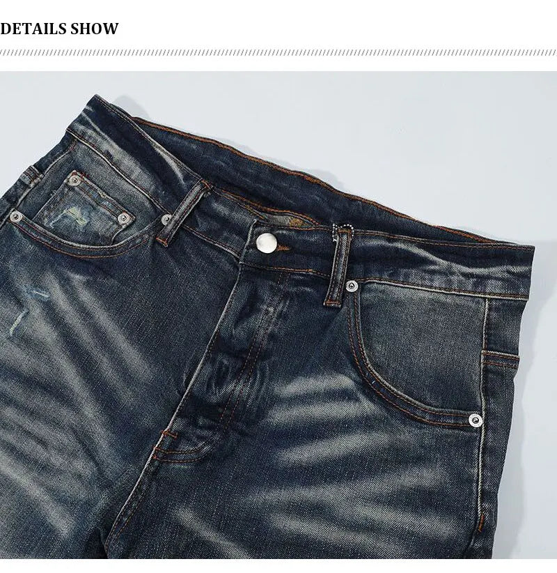 Fashionable new men's jeans with pleated elastic slim fit, retro washed blue jeans, high street designer hip-hop brand pants, ho