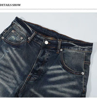 Fashionable new men's jeans with pleated elastic slim fit, retro washed blue jeans, high street designer hip-hop brand pants, ho