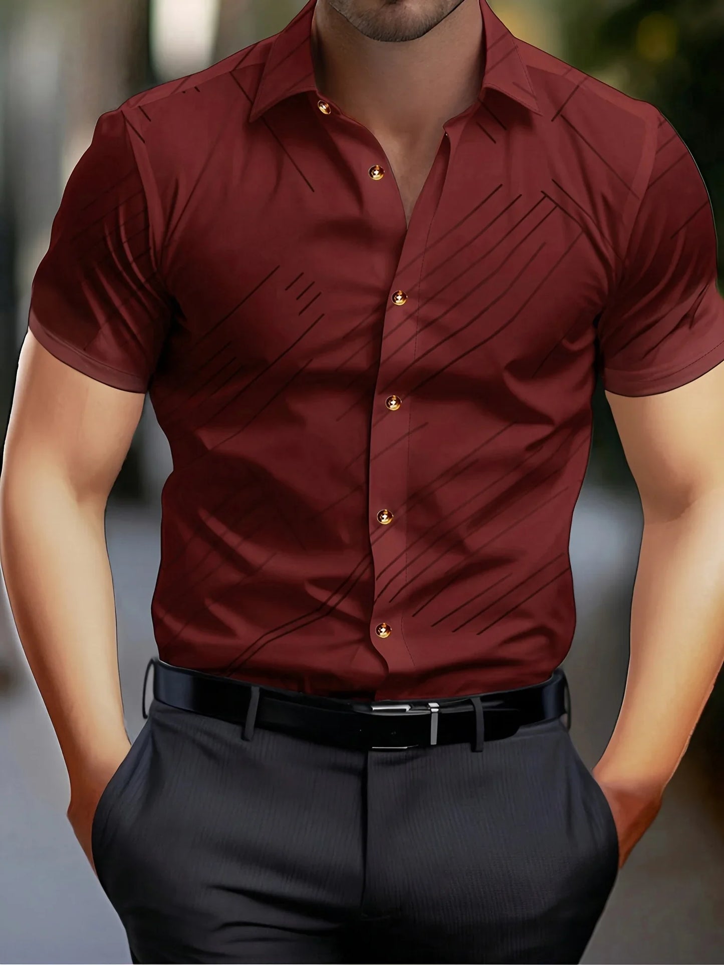 Men's Geometric Print Business Casual Short Sleeve Button-Up Shirt - White with Black Geometric Pattern Polyester 100%