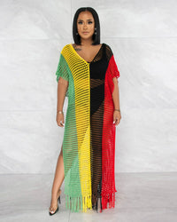 CM.YAYA Vintage Women Striped Crochet Knit Hollow Out V-neck Batwing Sleeve Maxi Long Slim Dress 2023 Sexy Party Evening Dresses