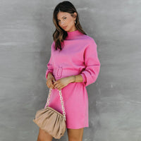 Turtleneck Sweater Dress Women Long Sleeve Winter Knitted Dress with Belt 2022 Lady Elegant Pink Mini Christmas Party Dresses