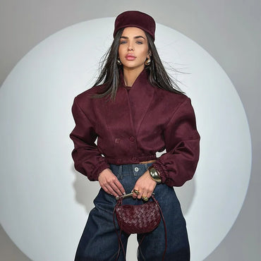 Women's Solid Color Long Sleeved Fashionable Wine Red Slim Fit V-neck Double Breasted Long Sleeved Top for Spring 2026