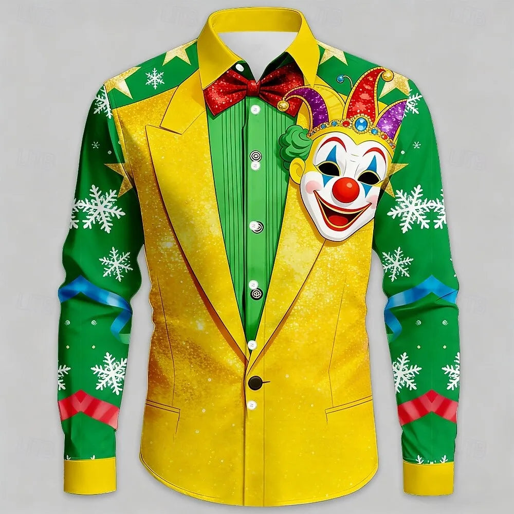 New men's clown pattern 3D printed shirt with clover high-quality fashion casual long sleeved shirt and lapel top