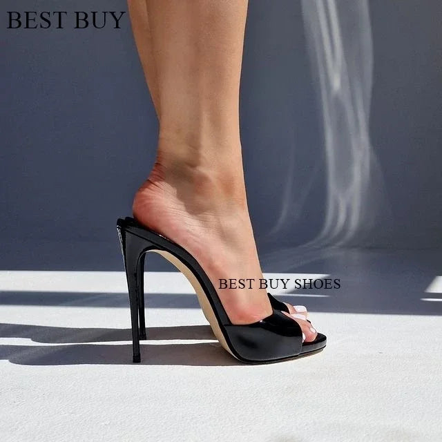 2023 New Women's Open Toe Mules Gold Silver Slip on Thin High Heel Sandals Banquet Sexy Fashion Ladies Sandals Plus Size 35-43