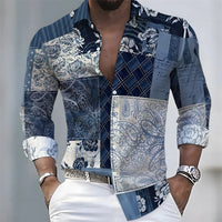 Men's Retro Color-Blocked Floral Print Long-Sleeve Shirt with Paisley Pattern Design, Casual Top for Spring and Autumn