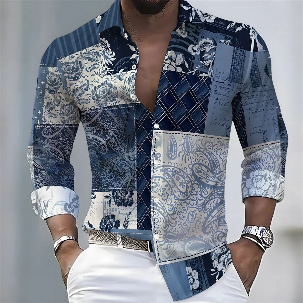 Men's Retro Color-Blocked Floral Print Long-Sleeve Shirt with Paisley Pattern Design, Casual Top for Spring and Autumn