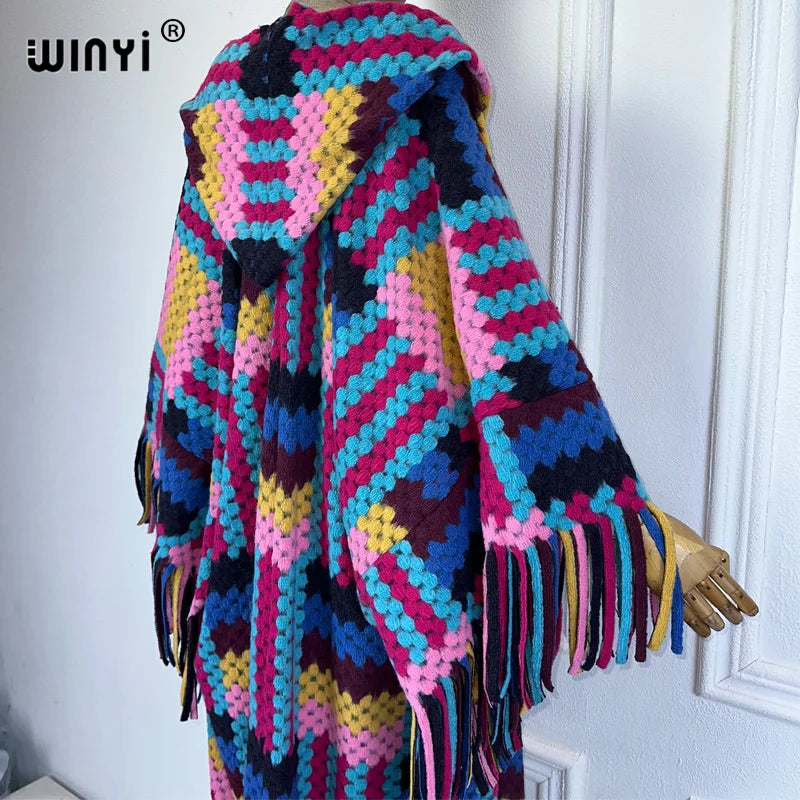 WINYI African Winter color printed tassel hooded cardigan woman abaya outfits for women coat Open Front Kimonos long down poncho