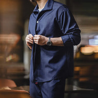 Maden Men Solid Color Denim Blue Shirt Loose Turn-down Collar Long-sleeved Shirt Mens Spring Coat Loose Comfortable Clothes