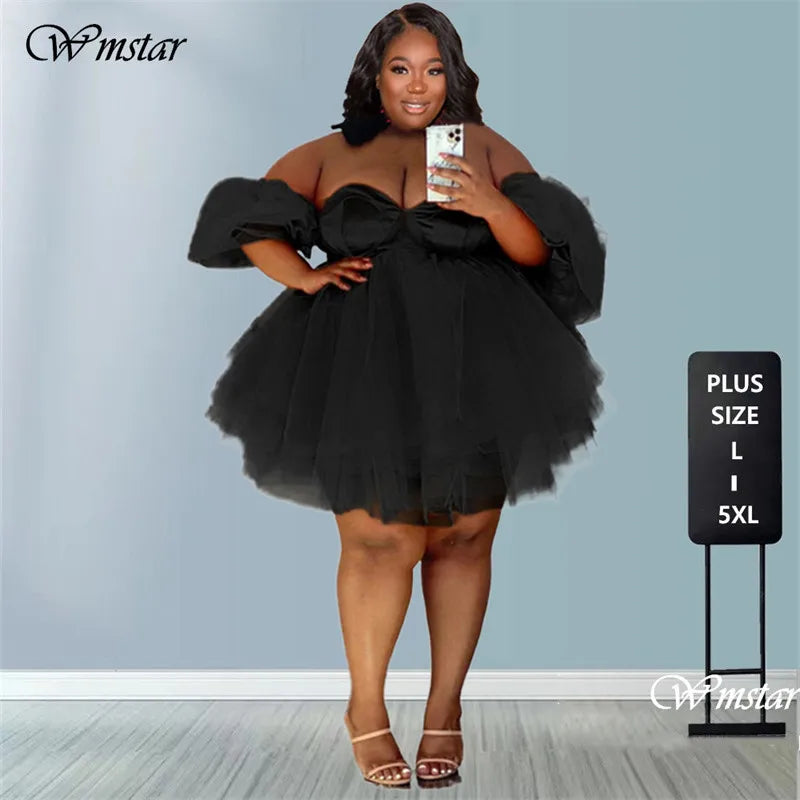 Wmstar Plus Size Party Dresses Women 5xl Sexy V Neck Mesh Elegant Birthday Outfits Mini Dress Summer 2022 Wholesale Dropshipping