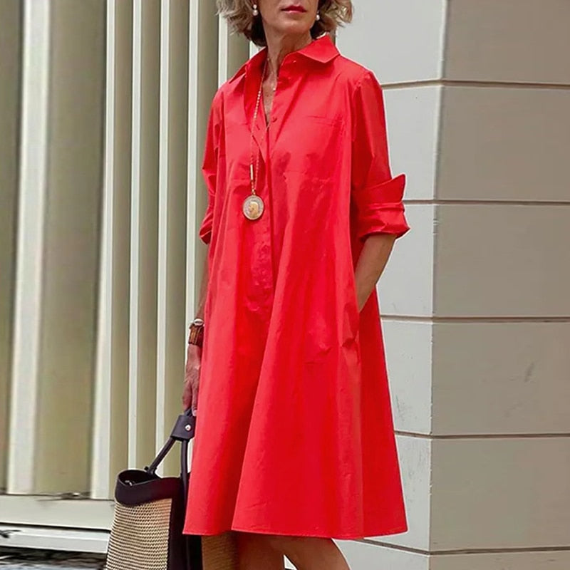 Sexy Autumn New Simple Shirt Dress Casual Solid Color Long Sleeves Fashion Turn-down Collar  Pocket  Dresses