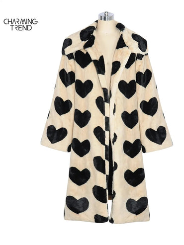 2022 Winter Women Warm Faux Fur Coat Love Pattern Women Long Coat Turn Down Collar Women Warm Plush Coat Classic Coat Loose