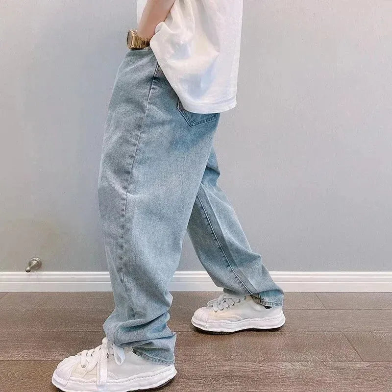 Baggy Jeans Men's Casual Wide Leg Straight Denim Pants Fashion Korean Style Hip Hop Streetwear Solid Color Casual Trousers Blue
