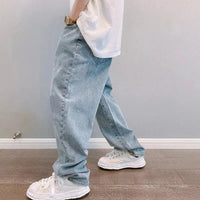 Baggy Jeans Men's Casual Wide Leg Straight Denim Pants Fashion Korean Style Hip Hop Streetwear Solid Color Casual Trousers Blue