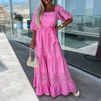 Women Dress Square Collar Puff Half Sleeves Long Dress Belt Lace Stitching Beach Dress High Waist Solid Color Dress Streetwear