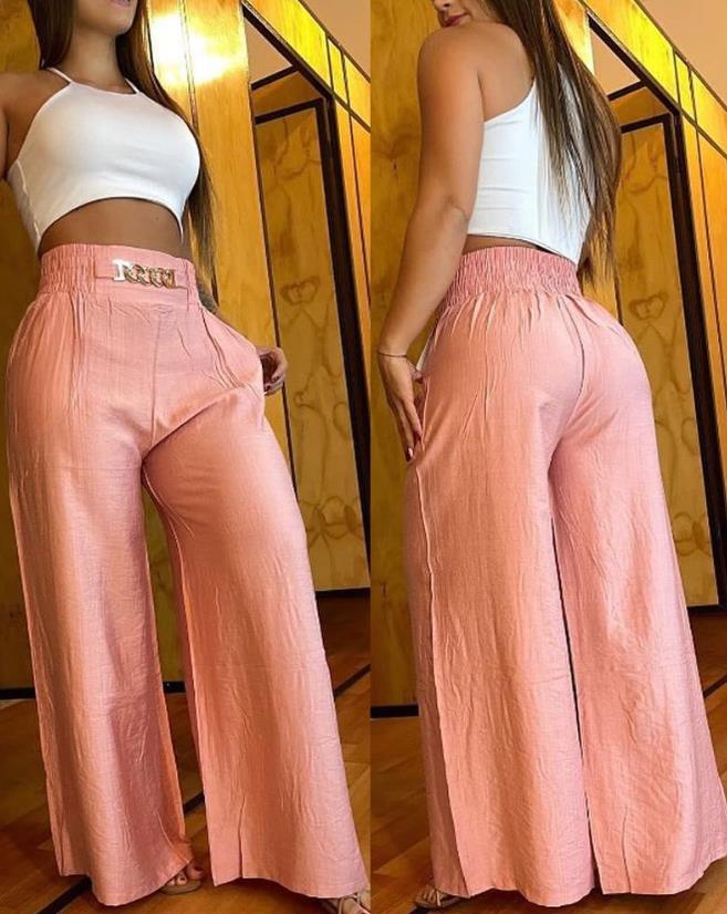 Casual Women High Waist Pants Chain Decor Europe & America Fashion Plain Pocket Design Daily Vacation Women's Wide Leg Trousers