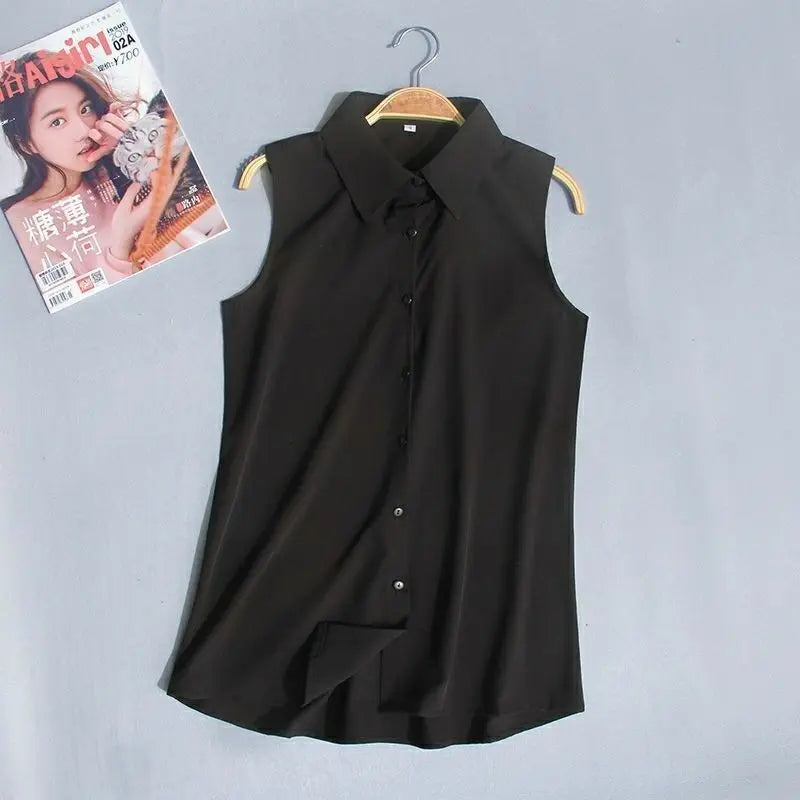 Elegant Lapel Button Solid Color Sleeveless Shirts Women's Clothing 2025 Summer New Loose Chic Tank Top Office Lady Blouses