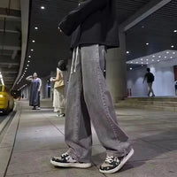 Men Casual Loose Jeans Male Streetwear Fashion Straight Wide Leg Denim Pants Elastic Waist Comfortable Solid Color Gray Trousers