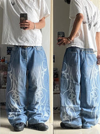 vintage style printing black baggy jeans harajuku trend men women hip hop fashion casual Joker couple Wide-leg pants streetwear