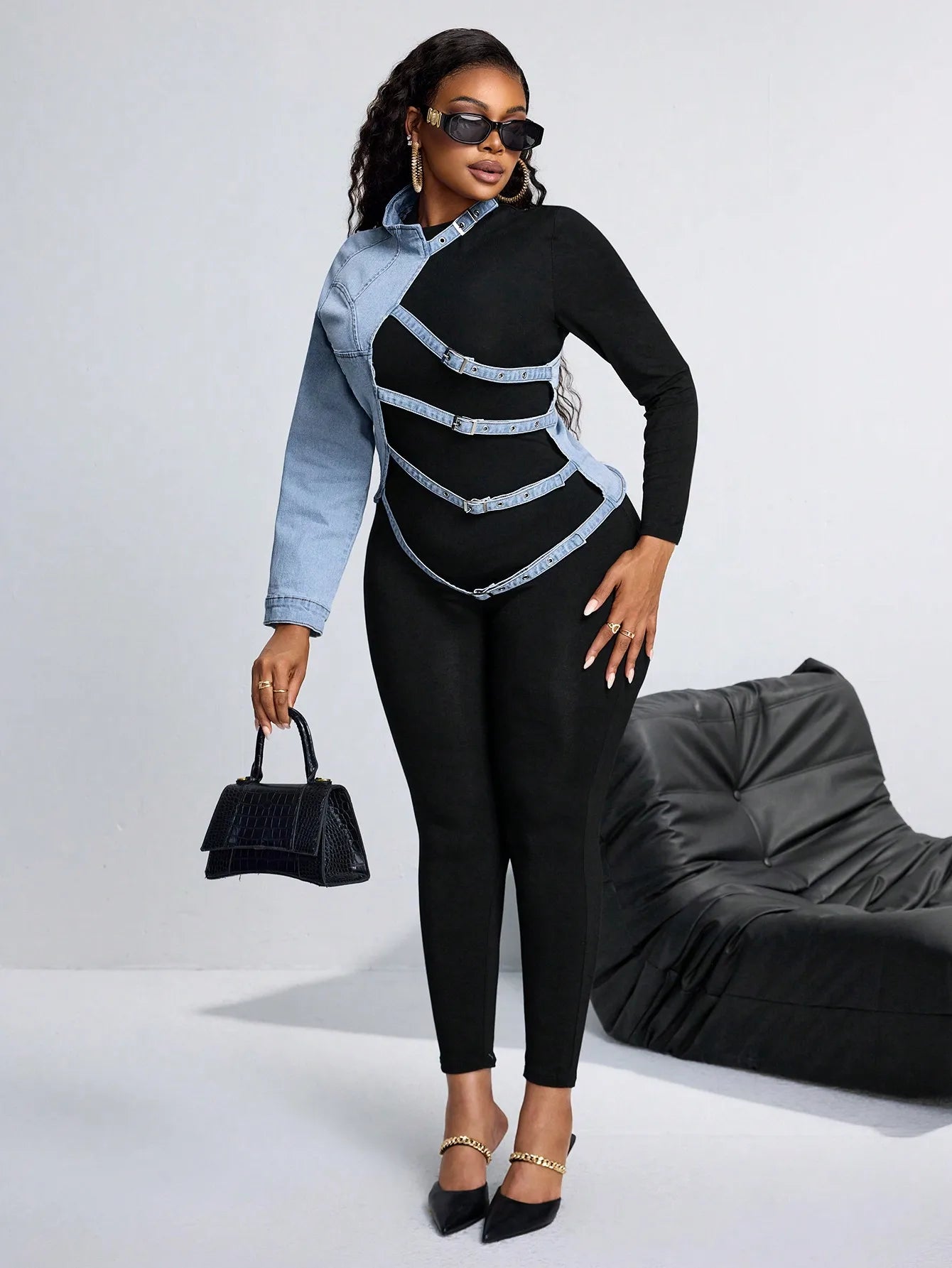 Plus Size Women's Asymmetrical Denim-Trimmed Long Sleeve Top with Belted Straps
