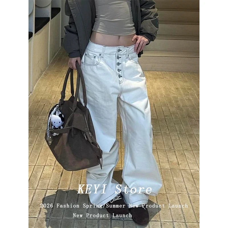 White Lined Wide Leg  Jeans Cleanfit Loose Straight Tube Micro Flared Pants Low Waist Zipper Closure Straight Leg