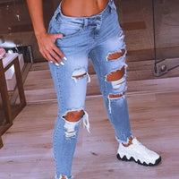 Women Fashion Hip Hop Broken Holes Denim Jeans Cord Ripped Pencil Pants