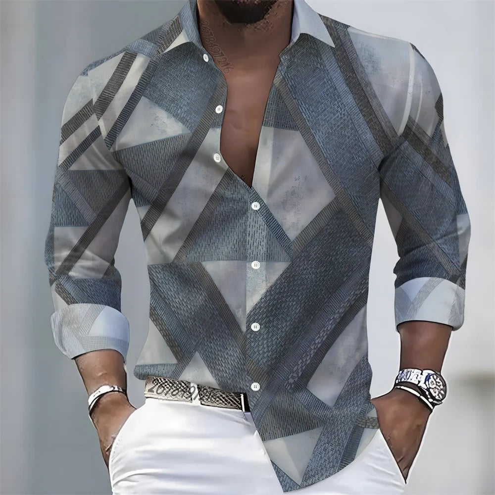 European and American style color-blocked geometric abstract print men's long-sleeved shirt, versatile top for spring and autumn