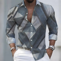 European and American style color-blocked geometric abstract print men's long-sleeved shirt, versatile top for spring and autumn