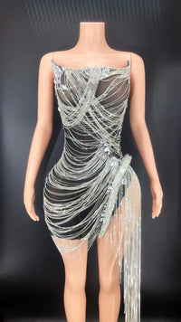 High Quality Shining Diamonds Long Tassels Women Celebrate Elegant Evening Party Dress Sexy Strapless Sleeveless Mini Dress