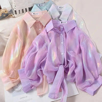 Button Up Shirts Women Half Sleeve Shining Sparkles Tied Waist Sexy Chiffon Blouses Shirts For Women Summer Spring